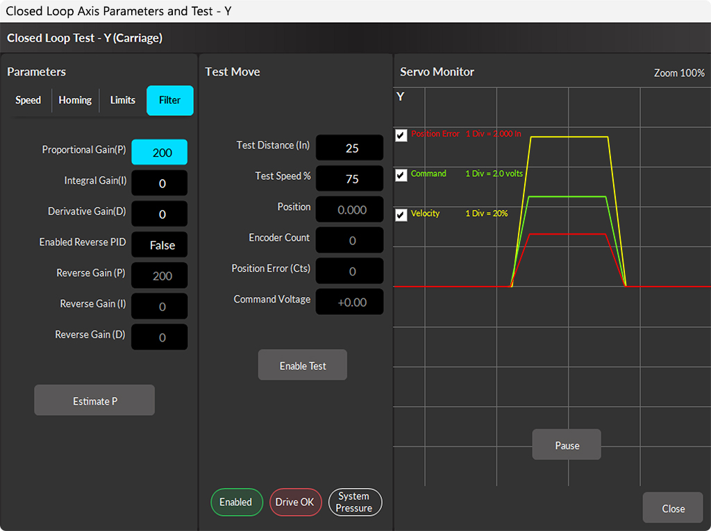 BendPro Control Software Diagnostics Servo Scope